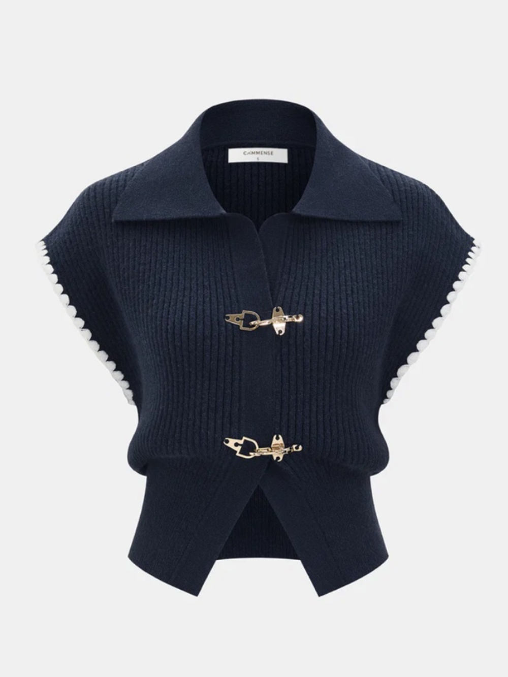NWT - Metal Clasp Contrast Trim Collared Knit Top